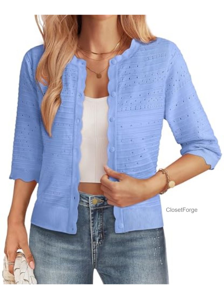 Lightweight Crochet Cardigan, 3/4 Sleeve Button Down Shrug